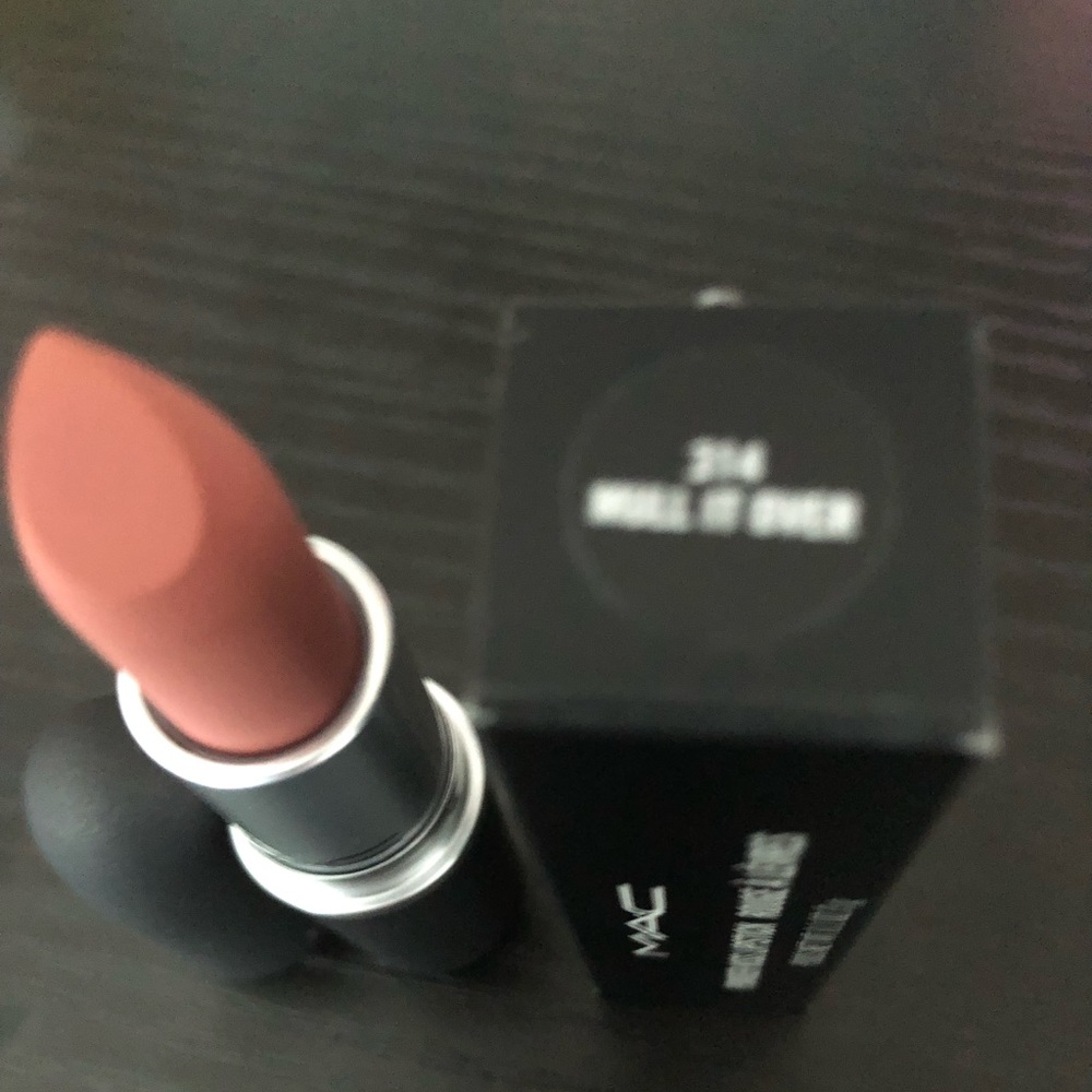 MAC powder kiss lipstick mull it over color dirty peach.